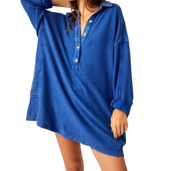 NEW FREE PEOPLE willow polo top in rinsed cobalt - Picture 1 of 5